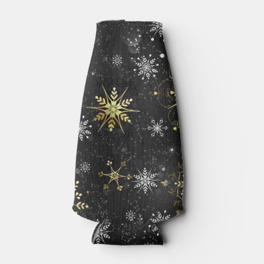 Goldene Schneeflocken auf schwarzem Hintergrund Flaschenkühler (Vorderseite)