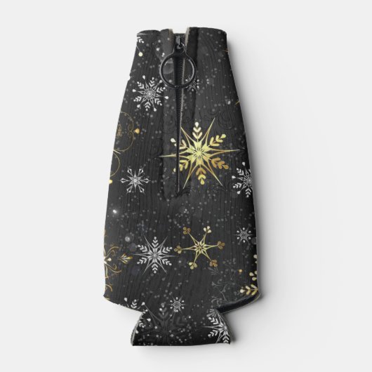 Goldene Schneeflocken auf schwarzem Hintergrund Flaschenkühler (Rückseite)