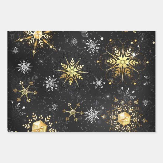 Goldene Schneeflocken auf schwarzem Hintergrund Geschenkpapier Set (Vorderseite)