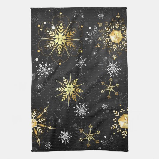 Goldene Schneeflocken auf schwarzem Hintergrund Geschirrtuch (Vertikal)