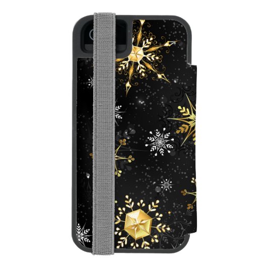 Goldene Schneeflocken auf schwarzem Hintergrund Incipio iPhone Geldbeutel-Hülle (Folio Rückseite)