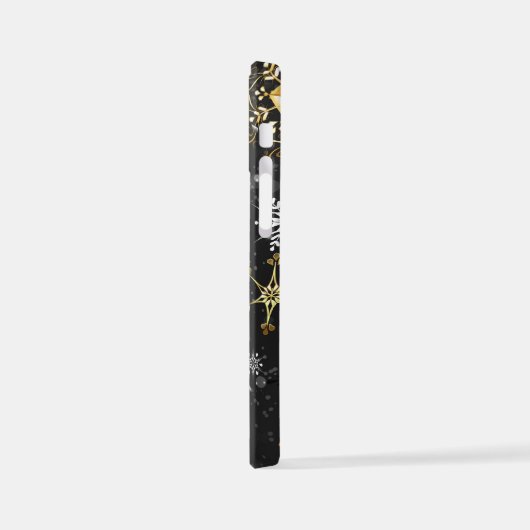 Goldene Schneeflocken auf schwarzem Hintergrund iPhone Hülle (Linke Seite)