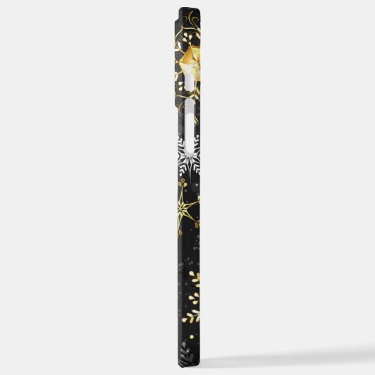 Goldene Schneeflocken auf schwarzem Hintergrund iPhone Hülle (Linke Seite)