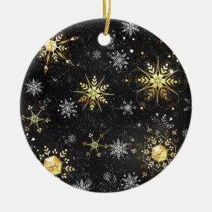 Goldene Schneeflocken auf schwarzem Hintergrund Keramik Ornament