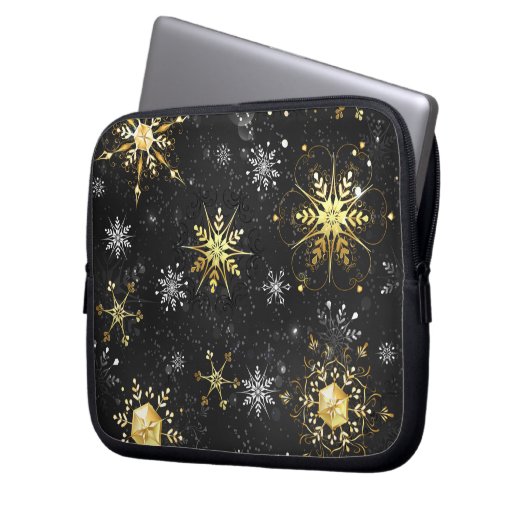 Goldene Schneeflocken auf schwarzem Hintergrund Laptopschutzhülle (Vorderseite Links)