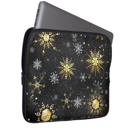 Goldene Schneeflocken auf schwarzem Hintergrund Laptopschutzhülle (Vorne Rechts)