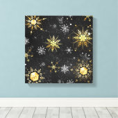 Goldene Schneeflocken auf schwarzem Hintergrund Leinwanddruck (Insitu (Holzboden))