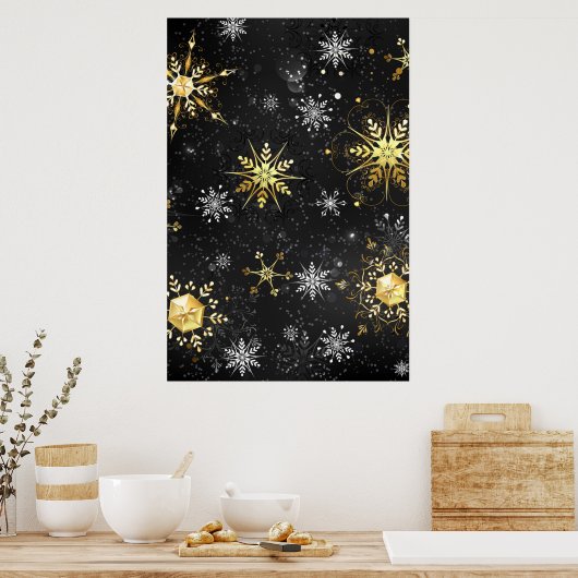 Goldene Schneeflocken auf schwarzem Hintergrund Poster (Küche)
