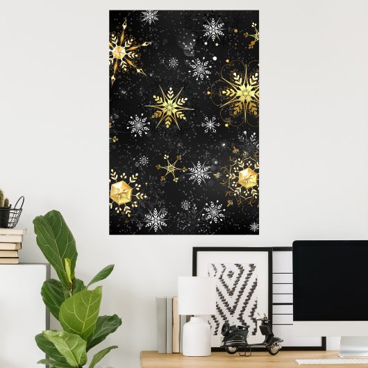 Goldene Schneeflocken auf schwarzem Hintergrund Poster (Heimbüro)