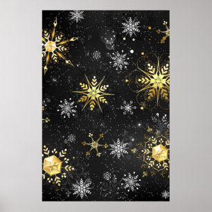 Goldene Schneeflocken auf schwarzem Hintergrund Poster