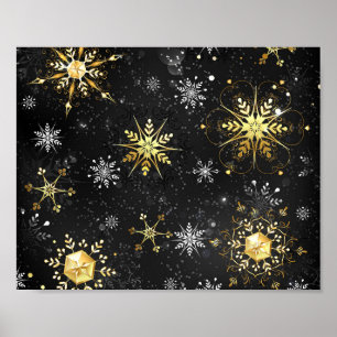 Goldene Schneeflocken auf schwarzem Hintergrund Poster