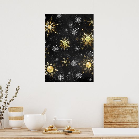 Goldene Schneeflocken auf schwarzem Hintergrund Poster (Küche)