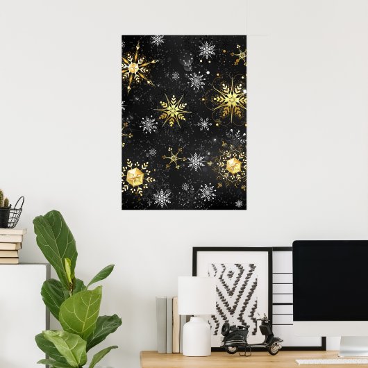 Goldene Schneeflocken auf schwarzem Hintergrund Poster (Heimbüro)