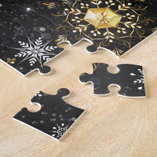 Goldene Schneeflocken auf schwarzem Hintergrund Puzzle (Seite)