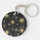 Goldene Schneeflocken auf schwarzem Hintergrund Schlüsselanhänger (Rückseite)