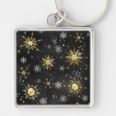 Goldene Schneeflocken auf schwarzem Hintergrund Schlüsselanhänger (Vorne)