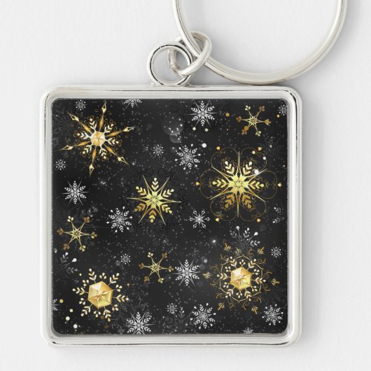 Goldene Schneeflocken auf schwarzem Hintergrund Schlüsselanhänger (Vorne)