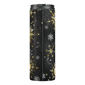 Goldene Schneeflocken auf schwarzem Hintergrund Thermosbecher (Rückseite)