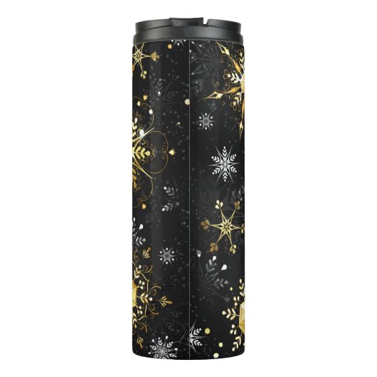 Goldene Schneeflocken auf schwarzem Hintergrund Thermosbecher (Rückseite)
