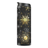 Goldene Schneeflocken auf schwarzem Hintergrund Thermosbecher (Nach rechts gedreht)