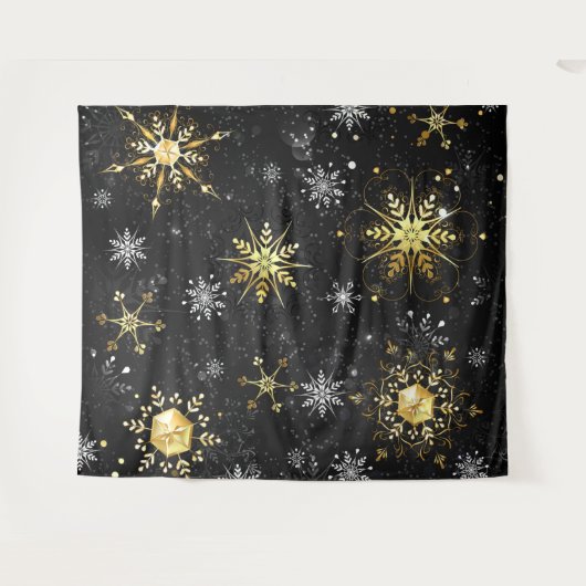 Goldene Schneeflocken auf schwarzem Hintergrund Wandteppich (Vorderseite (Horizontal))