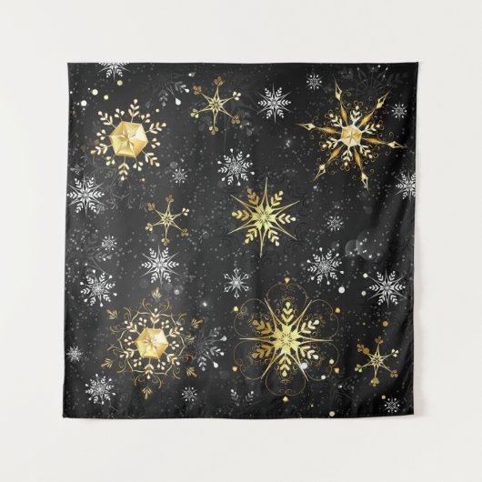 Goldene Schneeflocken auf schwarzem Hintergrund Wandteppich (Vorderseite (Horizontal))