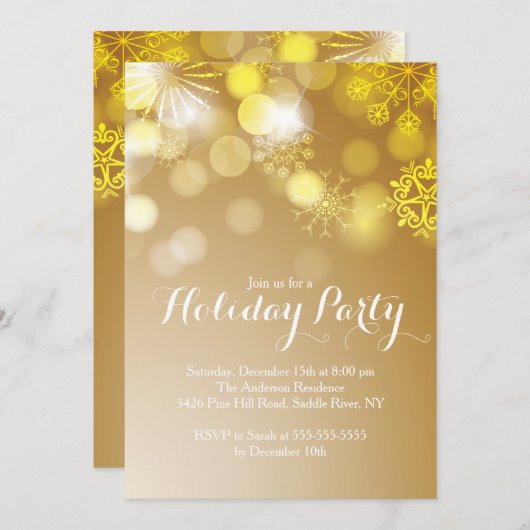 Goldene Schneeflocken Bokeh Feiertag Einladung (Vorne/Hinten)