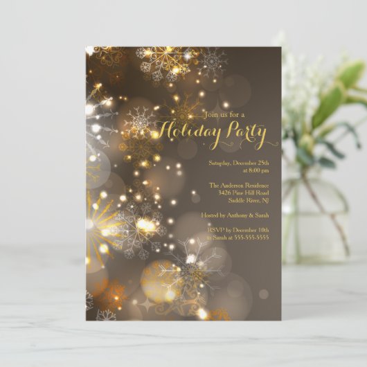 Goldene Schneeflocken & Bokeh Lights - Einladung (Stehend Vorderseite)