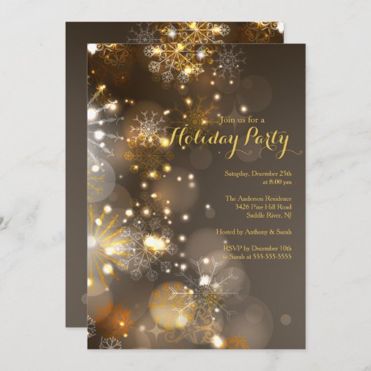Goldene Schneeflocken & Bokeh Lights - Einladung (Vorne/Hinten)