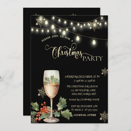 Goldene Schneeflocken,ChampagnE Glass Weihnachts-P Einladung (Vorne/Hinten)