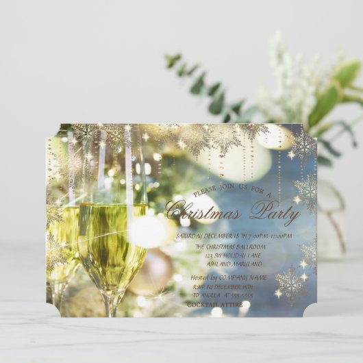 Goldene Schneeflocken Champagner , Weihnachten im  Einladung (Stehend Vorderseite)