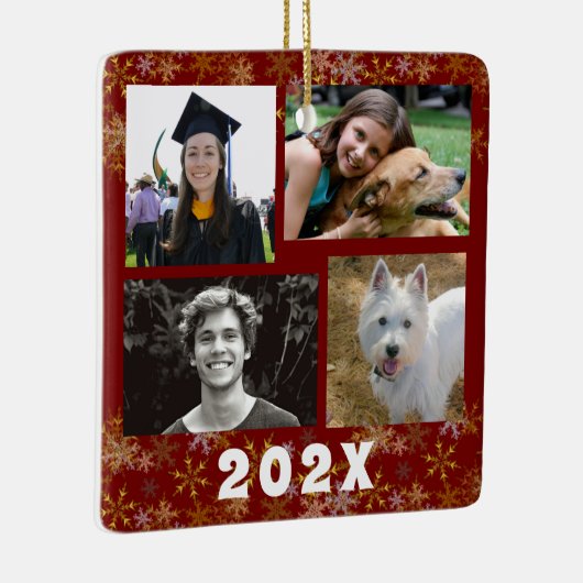 Goldene Schneeflocken Familienfoto-Collage geendet Keramikornament (Rechts)