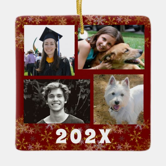 Goldene Schneeflocken Familienfoto-Collage geendet Keramikornament (Vorderseite)