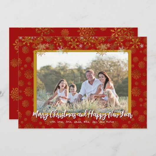 Goldene Schneeflocken Flat Christmas Familie Foto- Einladung (Vorne/Hinten)