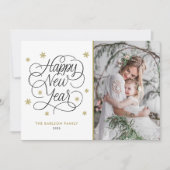 Goldene Schneeflocken Glückliches Neujahrsfest-Fot Feiertagskarte (Vorderseite)