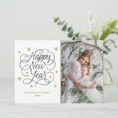 Goldene Schneeflocken Glückliches Neujahrsfest-Fot Feiertagskarte (Stehend Vorderseite)