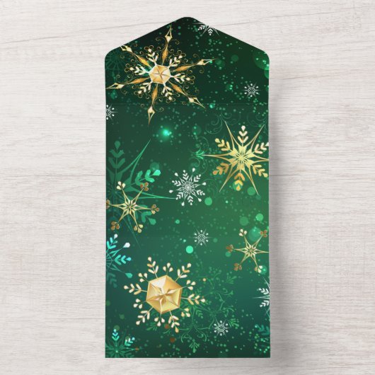 Goldene Schneeflocken im grünen Hintergrund All In One Einladung (Innen Boden)