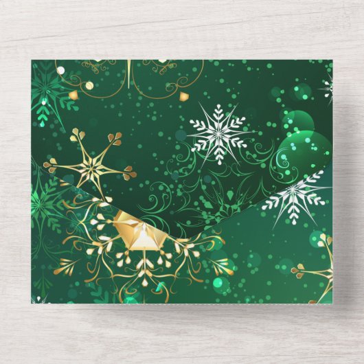 Goldene Schneeflocken im grünen Hintergrund All In One Einladung (Rückseite)