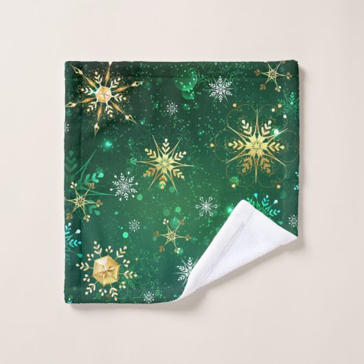 Goldene Schneeflocken im grünen Hintergrund Badhandtuch Set (Waschlappen)