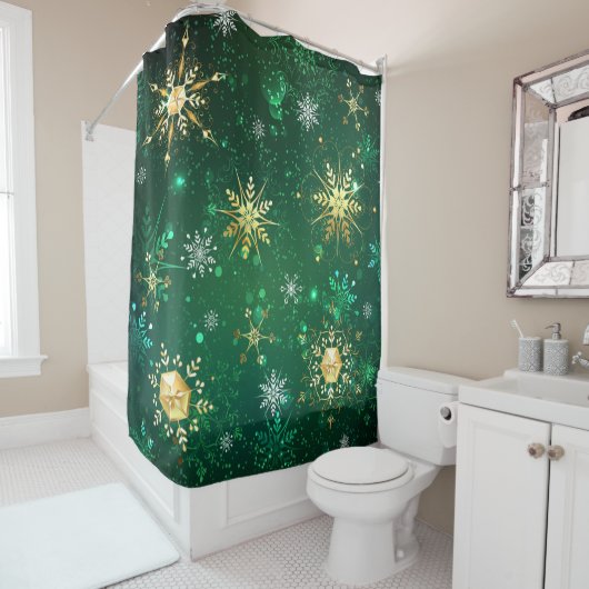 Goldene Schneeflocken im grünen Hintergrund Duschvorhang (Beispiel)