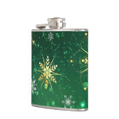 Goldene Schneeflocken im grünen Hintergrund Flachmann (Links)