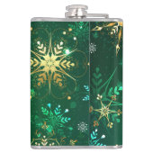 Goldene Schneeflocken im grünen Hintergrund Flachmann (Rückseite)