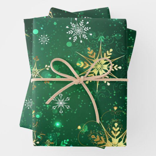 Goldene Schneeflocken im grünen Hintergrund Geschenkpapier Set (Beispiel)