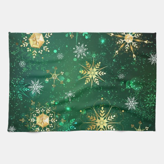 Goldene Schneeflocken im grünen Hintergrund Geschirrtuch (Horizontal)