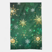 Goldene Schneeflocken im grünen Hintergrund Geschirrtuch (Vertikal)