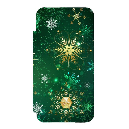 Goldene Schneeflocken im grünen Hintergrund Incipio iPhone Geldbeutel-Hülle (Folio Vorderseite)