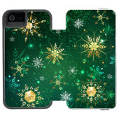 Goldene Schneeflocken im grünen Hintergrund Incipio iPhone Geldbeutel-Hülle (Folio Geöffnet)