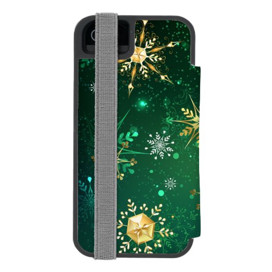 Goldene Schneeflocken im grünen Hintergrund Incipio iPhone Geldbeutel-Hülle (Folio Rückseite)
