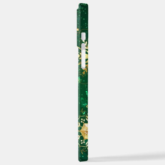 Goldene Schneeflocken im grünen Hintergrund iPhone Hülle (Linke Seite)