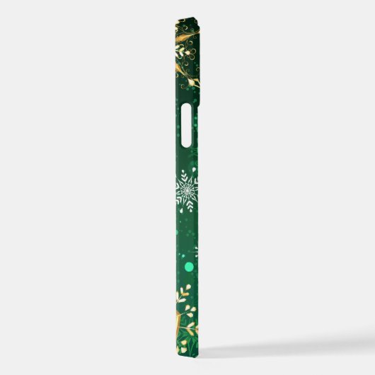 Goldene Schneeflocken im grünen Hintergrund iPhone Hülle (Rechte Seite)